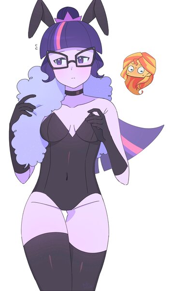 Size: 1869x3147 | Tagged: safe, artist:4phr0sd3l0s, derpibooru import, sci-twi, sunset shimmer, twilight sparkle, human, equestria girls, bunny suit, clothes, female, image, jpeg, lesbian, scitwishimmer, shipping, socks, solo, stockings, sunsetsparkle, thigh highs