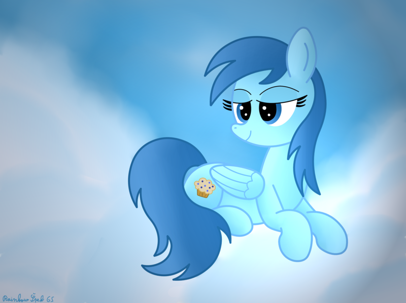 Size: 4032x3016 | Tagged: safe, artist:rainbowšpekgs, derpibooru import, blue october, blueberry muffin, pegasus, pony, background pony, blue eyes, cloud, female, folded wings, high res, hooves, image, lidded eyes, lying, lying down, lying on a cloud, mare, on a cloud, png, prone, signature, sky, smiling, solo, tail, wings