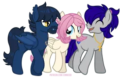 Size: 1200x758 | Tagged: safe, artist:jennieoo, derpibooru import, oc, oc:atin nyamic, oc:gentle star, oc:maverick, unofficial characters only, bat pony, earth pony, pegasus, pony, friendship is magic, ^^, bat pony oc, bat wings, blue mane, chat, chatting, ear fluff, ear tufts, earth pony oc, eyes closed, facial hair, female, folded wings, friends, happy, hooves, image, jewelry, looking at each other, looking at someone, male, mare, necklace, open mouth, open smile, pegasus oc, pink mane, png, show accurate, signature, simple background, slit pupils, smiling, stallion, transparent background, trio, walking, wings