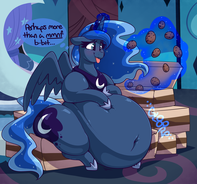 Size: 3976x3728 | Tagged: questionable, artist:graphenescloset, derpibooru import, princess luna, alicorn, pony, series:luna's blubbering, belly, belly button, big belly, blushing, cookie, fat, female, food, image, incentive drive, levitation, magic, obese, png, princess moonpig, sitting, solo, solo female, stomach noise, telekinesis, thought bubble, tongue out, weight gain, weight gain sequence