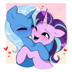 Size: 1962x1962 | Tagged: safe, artist:syrupyyy, derpibooru import, starlight glimmer, trixie, pony, unicorn, blushing, cute, diatrixes, duo, eyes closed, female, glimmerbetes, heart, hug, image, kiss on the cheek, kissing, lesbian, mare, one eye closed, open mouth, open smile, png, shipping, smiling, startrix, wink