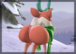 Size: 1512x1080 | Tagged: suggestive, artist:optica, derpibooru import, cashmere (tfh), deer, reindeer, them's fightin' herds, 3d, ass, butt, clothes, coat markings, community related, featureless crotch, female, forest, glasses, image, large butt, plot, png, scarf, snow, solo, source filmmaker, tail, the ass was fat, tree