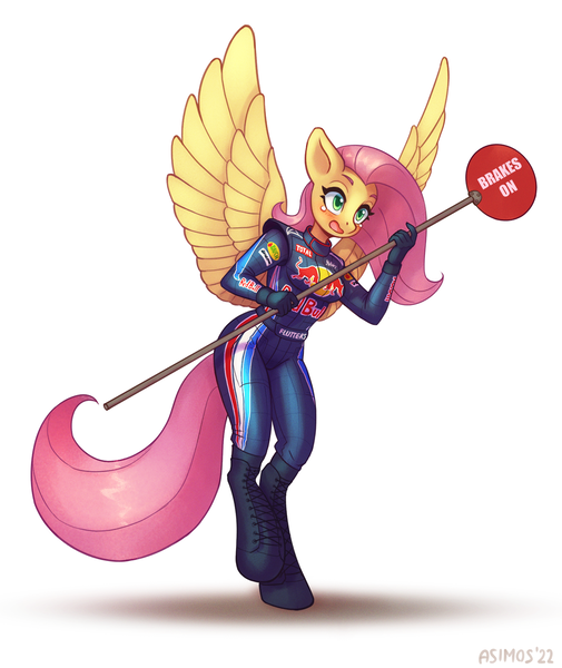 Size: 1200x1425 | Tagged: safe, alternate version, artist:asimos, derpibooru import, fluttershy, anthro, pegasus, unguligrade anthro, blushing, clothes, energy drink, formula 1, image, jumpsuit, mechanic, open mouth, png, red bull, sign, simple background, solo, teary eyes, white background