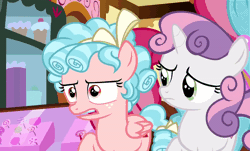 Size: 800x484 | Tagged: safe, derpibooru import, screencap, cozy glow, cup cake, sweetie belle, earth pony, pegasus, pony, unicorn, marks for effort, season 8, spoiler:s08, animated, bow, curly mane, female, filly, foal, freckles, frustrated, gif, image, looking at each other, looking at someone, sugarcube corner, talking, two toned mane, wings