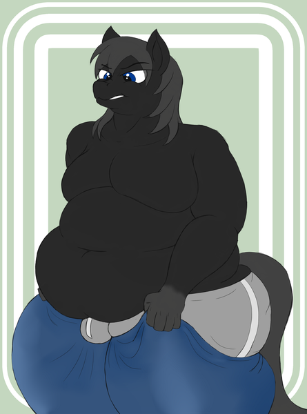 Size: 1338x1806 | Tagged: suggestive, artist:thewindking, derpibooru import, oc, oc:shadow, unofficial characters only, anthro, earth pony, anthro oc, boxers, butt, chubby, chubby cheeks, clothes, earth pony oc, fat, frustration, image, jeans, large butt, male, males only, moobs, pants, png, simple background, skinny jeans, solo, thicc thighs, underwear, wardrobe malfunction, wide hips