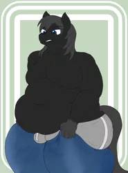 Size: 1338x1806 | Tagged: suggestive, artist:thewindking, derpibooru import, oc, oc:shadow, unofficial characters only, anthro, earth pony, anthro oc, boxers, butt, chubby, chubby cheeks, clothes, earth pony oc, fat, frustration, image, jeans, large butt, male, males only, moobs, pants, png, simple background, skinny jeans, solo, thicc thighs, underwear, wardrobe malfunction, wide hips