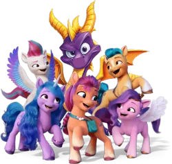 Size: 474x454 | Tagged: safe, derpibooru import, edit, hitch trailblazer, izzy moonbow, pipp petals, sunny starscout, zipp storm, dragon, earth pony, pegasus, pony, unicorn, 3d, female, g5, image, looking at you, male, mane five (g5), mare, png, simple background, spread wings, spyro the dragon, spyro the dragon (series), stallion, transparent background, wings