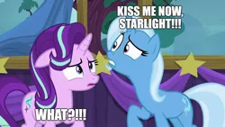 Size: 1280x720 | Tagged: safe, derpibooru import, edit, edited screencap, screencap, starlight glimmer, trixie, no second prances, caption, female, image, image macro, implied kissing, jpeg, lesbian, shipping, startrix, text