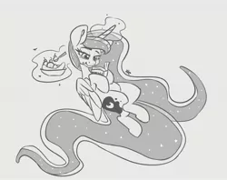 Size: 2899x2295 | Tagged: safe, artist:leadhooves, derpibooru import, princess luna, alicorn, pony, banana split, book, cute, eating, ethereal mane, female, food, glow, glowing horn, gray background, grayscale, horn, ice cream, image, jpeg, levitation, lidded eyes, lunabetes, magic, mare, monochrome, reading, simple background, solo, starry mane, telekinesis