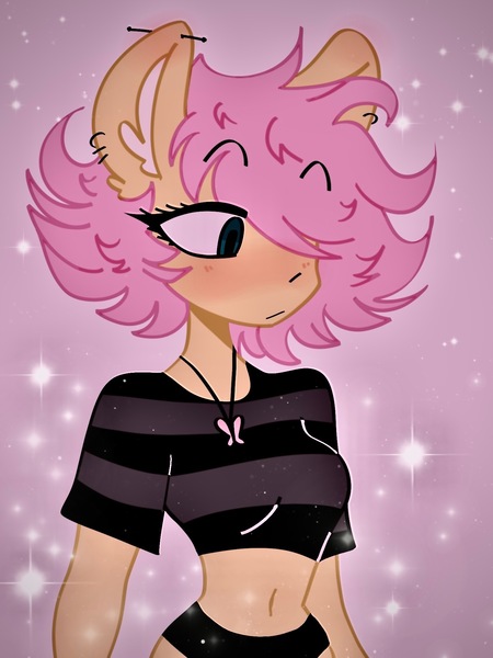 Size: 1536x2048 | Tagged: safe, artist:skittywanuskitz, derpibooru import, fluttershy, anthro, alternate hairstyle, belly button, blushing, clothes, eyebrows, eyebrows visible through hair, female, hair over one eye, image, jewelry, jpeg, midriff, necklace, panties, short mane, solo, sparkles, underwear, wingless, wingless anthro