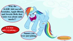 Size: 1280x720 | Tagged: safe, derpibooru import, edit, edited screencap, screencap, rainbow dash, maud pie (episode), angry, blatant lies, censored vulgarity, cuties, dialogue, grawlixes, image, implied apple bloom, implied oc, implied scootaloo, implied sweetie belle, offscreen character, png, ragebow dash, rainbow dash is best facemaker, speech bubble, this will end in pain, what has been seen