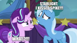 Size: 1280x720 | Tagged: safe, derpibooru import, edit, edited screencap, screencap, starlight glimmer, trixie, no second prances, caption, image, image macro, implied kissing, implied spike, jpeg, text