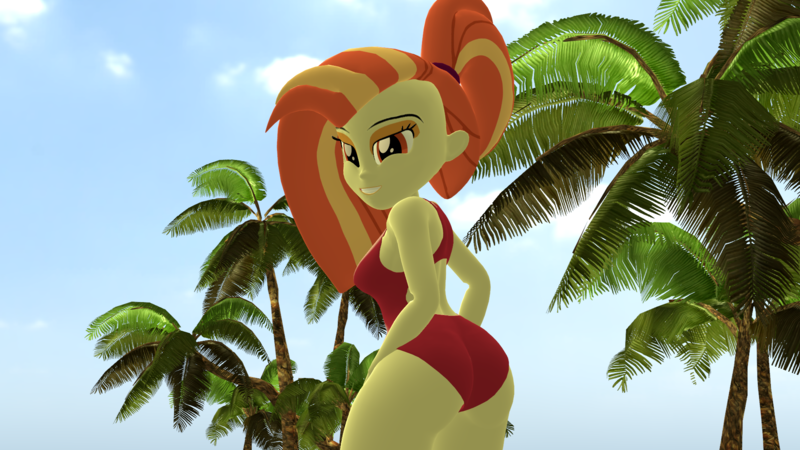 Size: 1920x1080 | Tagged: suggestive, artist:mr.uberrebu25, derpibooru import, shimmy shake, equestria girls, 3d, ass, beach, beach babe, breasts, busty shimmy shake, butt, clothes, equestria girls-ified, image, looking at you, looking back, looking back at you, one-piece swimsuit, open-back swimsuit, png, red swimsuit, shimmy booty, solo, swimsuit