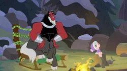 Size: 1280x720 | Tagged: safe, derpibooru import, edit, edited screencap, screencap, cozy glow, lord tirek, frenemies (episode), amputee, campfire, clothes, image, lounge chair, png, snow, stump, winter outfit