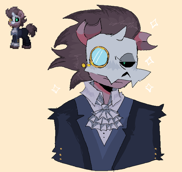 Size: 1221x1153 | Tagged: safe, artist:belle_bonni, derpibooru import, oc, oc:capricious, unofficial characters only, anthro, earth pony, pony, pony town, clothes, earth pony oc, fancy, image, male, monocle, png, simple background, skull mask, solo