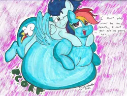 Size: 2026x1530 | Tagged: suggestive, artist:plussizedmarshmallow, derpibooru import, rainbow dash, soarin', pegasus, pony, belly, big belly, duo, fat, female, fetish, huge belly, image, impossibly large belly, jpeg, male, onomatopoeia, rainblob dash, shipping, soarindash, stomach noise, straight, tubby wubby pony waifu