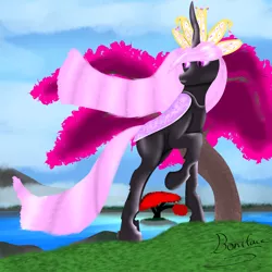 Size: 3000x3000 | Tagged: safe, artist:saint boniface, derpibooru import, oc, oc:invicta, unofficial characters only, changeling, changeling queen, pony, background, female, image, jpeg, long mane, mare, purple changeling, solo