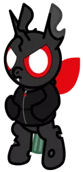 Size: 925x1896 | Tagged: safe, artist:theunidentifiedchangeling, derpibooru import, oc, oc:rage(unidentified), changeling, bipedal, changeling oc, clothes, fangs, hoodie, horn, image, looking at you, png, simple background, solo, three quarter view, transparent background, wings, zipper