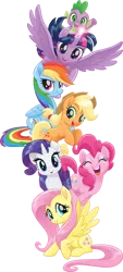 Size: 370x819 | Tagged: source needed, safe, anonymous artist, artist:afishonlegs, derpibooru import, official, applejack, fluttershy, pinkie pie, rainbow dash, rarity, spike, twilight sparkle, twilight sparkle (alicorn), alicorn, dragon, earth pony, pegasus, pony, unicorn, my little pony: the movie, applejack's hat, cowboy hat, cutie mark, female, g4, glow, glowing horn, hat, horn, image, male, mane seven, mane six, official art, png, pony pile, simple background, spread wings, stock vector, tower of pony, transparent background, vector, wings