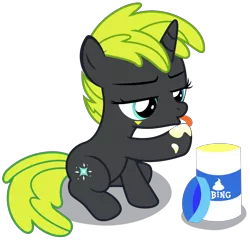 Size: 3730x3590 | Tagged: safe, artist:strategypony, derpibooru import, oc, oc:bright dawn, unofficial characters only, pony, unicorn, bing bong, female, filly, foal, food, horn, image, licking, mayonnaise, png, sauce, simple background, subverted meme, tongue out, transparent background, unicorn oc