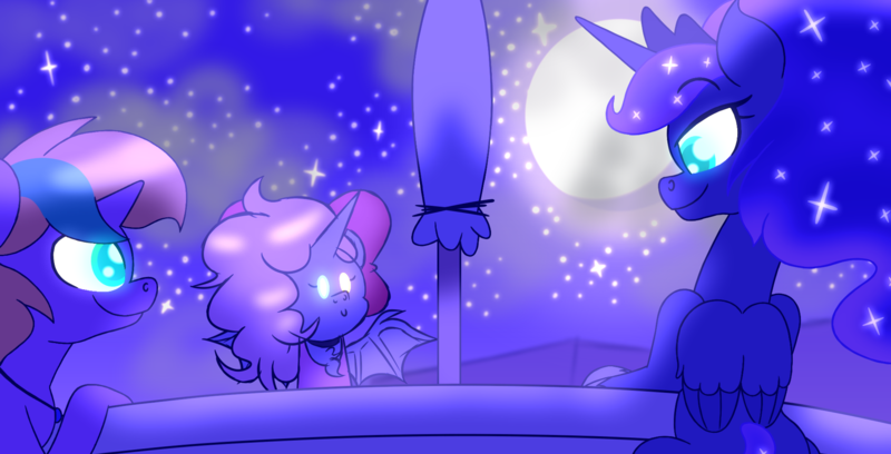 Size: 6000x3060 | Tagged: safe, artist:iceflower99, derpibooru import, princess luna, oc, oc:buggy brush, oc:darky spell, original species, unicorn, fanfic, daemonequus, image, night, png, sitting, stars