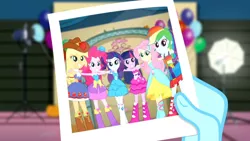 Size: 3410x1920 | Tagged: safe, derpibooru import, screencap, applejack, fluttershy, photo finish, pinkie pie, rainbow dash, rarity, sci-twi, twilight sparkle, a photo booth story, eqg summertime shorts, equestria girls, balloon, barefoot, belt, boots, clothes, cutie mark, cutie mark on clothes, fall formal outfits, feet, female, grin, hairpin, hand on hip, high res, humane five, humane six, image, jpeg, offscreen character, photo, shoes, sleeveless, smiling, strapless, twilight ball dress