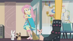 Size: 3410x1920 | Tagged: safe, derpibooru import, screencap, angel bunny, fluttershy, sunset shimmer, rabbit, equestria girls, equestria girls series, so much more to me, :o, animal, boots, broom, clothes, cutie mark, cutie mark on clothes, female, geode of fauna, hairpin, high res, image, jewelry, jpeg, leather, leather boots, magical geodes, male, necklace, open mouth, puppy, sandals, shoes