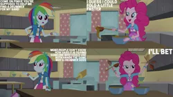 Size: 1280x720 | Tagged: safe, derpibooru import, edit, edited screencap, editor:quoterific, screencap, pinkie pie, rainbow dash, equestria girls, pinkie on the one, rainbow rocks, bowl, clothes, cutie mark, cutie mark on clothes, duo, duo female, female, image, open mouth, open smile, png, smiling, spoon