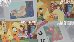 Size: 1280x720 | Tagged: safe, derpibooru import, edit, edited screencap, editor:quoterific, screencap, applejack, big macintosh, fluttershy, pinkie pie, rarity, smarty pants, twilight sparkle, earth pony, pegasus, pony, unicorn, ponyville confidential, season 2, apple, applejack's hat, bucket, cowboy hat, eyes closed, female, food, hat, image, male, mare, newspaper, offscreen character, png, sleeping, smiling, stallion, sugarcube corner, tree, unicorn twilight