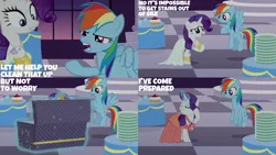 Size: 1280x720 | Tagged: safe, derpibooru import, edit, edited screencap, editor:quoterific, screencap, rainbow dash, rarity, pegasus, pony, unicorn, rarity investigates, season 5, clothes, dress, duo, eyes closed, female, flying, grin, image, jpeg, mare, open mouth, open smile, smiling, spread wings, wings