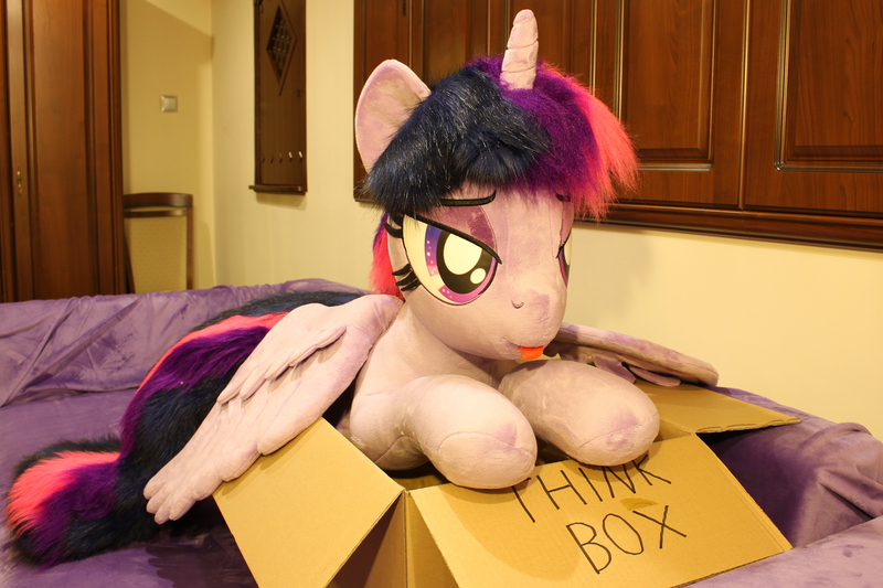 Size: 2425x1617 | Tagged: safe, artist:ponimalion, derpibooru import, twilight sparkle, twilight sparkle (alicorn), alicorn, pony, unicorn, :p, bedroom eyes, behaving like a cat, box, cute, female, fluffy mane, fluffy tail, image, irl, jpeg, mare, photo, plushie, pony in a box, solo, spread wings, tail, thinking, tongue out, wings