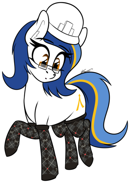 Size: 1049x1481 | Tagged: safe, artist:seafooddinner, derpibooru import, oc, oc:ulapone, earth pony, pony, clothes, cute, female, glasses, hard hat, hat, image, png, raised hoof, simple background, sock, solo, transparent background