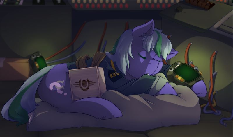 Size: 3650x2154 | Tagged: safe, artist:mylittlesheepy, derpibooru import, oc, unofficial characters only, pony, fallout equestria, image, pipbuck, png, sleeping, solo