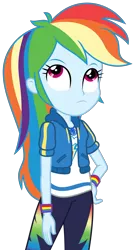 Size: 1672x3100 | Tagged: safe, artist:sketchmcreations, derpibooru import, rainbow dash, equestria girls, equestria girls series, holidays unwrapped, spoiler:eqg series (season 2), clothes, female, frown, geode of super speed, hand on hip, hoodie, image, looking up, magical geodes, o come all ye squashful, png, simple background, thinking, transparent background, vector, wristband