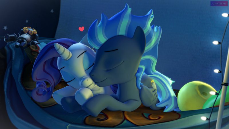 Size: 3819x2160 | Tagged: safe, artist:antonsfms, derpibooru import, rarity, oc, oc:silver sparkle, pegasus, pony, unicorn, 3d, bed, bedroom, christmas, christmas lights, commission, cute, floating heart, folded wings, heart, high res, holiday, hooves, image, kiss on the cheek, kissing, makeup, night, pegasus oc, pillow, png, pony oc, sleeping, snuggling, source filmmaker, wings