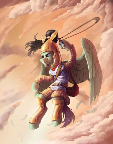 Size: 3201x4096 | Tagged: safe, artist:helmie-art, derpibooru import, oc, oc:phoenicia fury, unofficial characters only, pegasus, armor, cloud, flying, image, jpeg, sling, sling (weapon), smiling, winged helmet