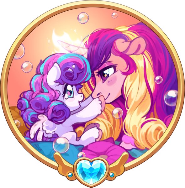 Size: 1978x2012 | Tagged: safe, artist:spirit-alu, derpibooru import, princess cadance, princess flurry heart, alicorn, pony, bubble, duo, duo female, female, filly, foal, happy, image, jpeg, magic, mare, mother and child, mother and daughter, smiling, spread wings, wings