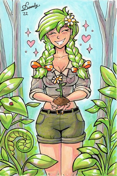 Size: 1802x2692 | Tagged: safe, artist:dandy, derpibooru import, oc, oc:sylvia evergreen, unofficial characters only, human, insect, ladybug, bow, braid, clothes, daisy (flower), flower, flower in hair, freckles, grin, hair bow, happy, heart, humanized, image, jpeg, midriff, plant, plants, shirt, shorts, smiling, solo, sparkles, traditional art