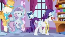 Size: 686x386 | Tagged: suggestive, derpibooru import, edit, screencap, rarity, sweetie belle, pony, unicorn, growing up is hard to do, belle sisters, bowtie, diaper, diaper edit, diaper fetish, female, fetish, filly, foal, glasses, glow, glowing horn, hat, horn, image, magic, mannequin, mare, measuring tape, pincushion, png, siblings, sisters, telekinesis, top hat