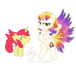 Size: 1200x1200 | Tagged: safe, artist:galeemlightseraphim, derpibooru import, apple bloom, oc, alicorn, pony, ^^, alicorn oc, alicornified, bloomicorn, chest fluff, crossed arms, crossed hooves, cutie mark, duo, ethereal mane, eyelashes, eyes closed, female, filly, foal, grin, hooves, horn, image, mare, png, race swap, simple background, smiling, spread wings, starry mane, the cmc's cutie marks, transparent background, wings, yellow eyes