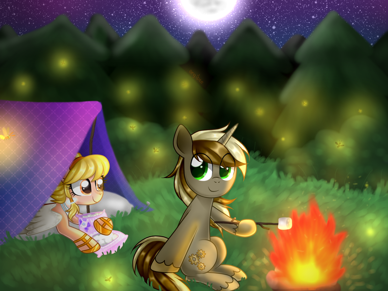 Size: 1600x1200 | Tagged: safe, artist:kaikururu, derpibooru import, oc, unofficial characters only, firefly (insect), insect, pegasus, pony, unicorn, campfire, commission, duo, fire, food, full moon, hoof hold, horn, image, marshmallow, moon, pegasus oc, png, smiling, stars, tree, unicorn oc, wings, ych result