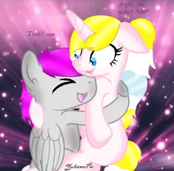 Size: 611x604 | Tagged: safe, artist:yulianapie26, derpibooru import, oc, unofficial characters only, pegasus, pony, unicorn, abstract background, bust, dialogue, duo, female, horn, hug, image, male, mare, pegasus oc, png, stallion, unicorn oc, wings
