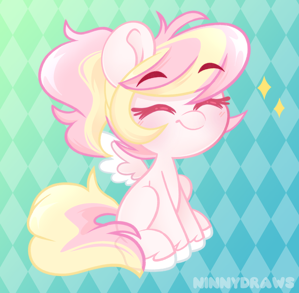Size: 2432x2383 | Tagged: safe, artist:ninnydraws, derpibooru import, oc, oc:ninny, unofficial characters only, pegasus, pony, blushing, eyebrows, female, filly, foal, image, mare, png, ponytail, simple background, sitting, smiling
