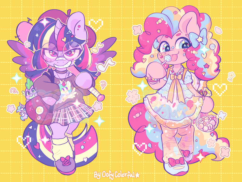 Size: 1280x964 | Tagged: safe, artist:colorfulcolor233, derpibooru import, pinkie pie, princess celestia, spike, twilight sparkle, pony, baseball bat, candy, chibi, clothes, food, glasses, harajuku, image, jpeg, lollipop