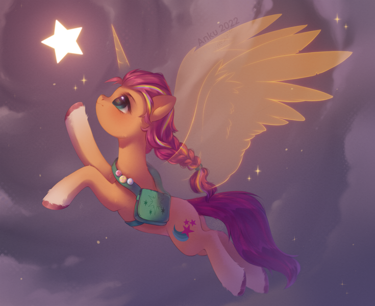 Size: 2450x2000 | Tagged: safe, artist:belkasweet, derpibooru import, sunny starscout, alicorn, pony, my little pony: a new generation, artificial horn, artificial wings, augmented, female, flying, g5, high res, horn, image, magic, magic horn, magic wings, mare, namesake, png, solo, stars, sunnycorn, wings