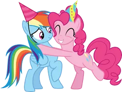 Size: 3973x3000 | Tagged: safe, artist:cloudyglow, derpibooru import, pinkie pie, rainbow dash, earth pony, pegasus, pony, secrets and pies, .ai available, ^^, bipedal, duo, duo female, eyes closed, female, folded wings, grin, hat, high res, hooves, hug, image, mare, party, party hat, pink mane, pink tail, png, raised hoof, simple background, smiling, standing, tail, transparent background, vector, wings