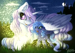 Size: 4093x2894 | Tagged: safe, artist:julunis14, derpibooru import, princess celestia, princess luna, alicorn, firefly (insect), insect, pony, amazed, blank flank, cewestia, cute, digital art, female, filly, filly luna, foal, image, lunabetes, night, pink hair, png, woona, younger