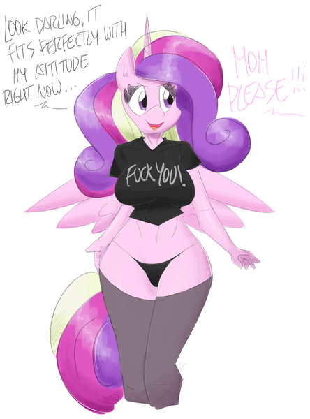 Size: 1800x2430 | Tagged: suggestive, artist:flutterthrash, derpibooru import, princess cadance, alicorn, anthro, clothes, dialogue, female, image, implied princess flurry heart, milf, panties, png, simple background, socks, solo, solo female, thigh highs, underwear, vulgar, white background, wings