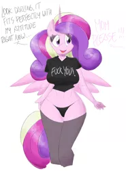 Size: 1800x2430 | Tagged: suggestive, artist:flutterthrash, derpibooru import, princess cadance, alicorn, anthro, clothes, dialogue, female, image, implied princess flurry heart, milf, panties, png, simple background, socks, solo, solo female, thigh highs, underwear, vulgar, white background, wings