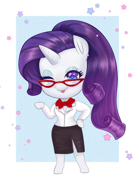 Size: 1280x1691 | Tagged: safe, artist:darkadraws, derpibooru import, rarity, anthro, semi-anthro, unicorn, arm hooves, blouse, chibi, clothes, commission, cravat, female, image, jpeg, rarity's glasses, side slit, skirt, solo